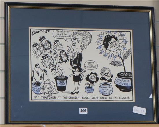 Arthur Steward Michael Cummings (1919-1997) Original cartoon - Mrs Thatcher at the Chelsea Flower Show, Talks to the Flowers 11 x 16in.